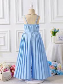 [多巴胺装] 女童花卉刺绣吊带背心拼接阔腿连体裤，自然风格年轻女孩夏季外出装，女童度假派对礼服