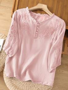 Áo cánh tay giữa bằng vải viscose thêu họa tiết cổ điển, dáng rộng, thoải mái, phong cách đồng quê, mùa hè - Màu Hồng baby - Xem 4