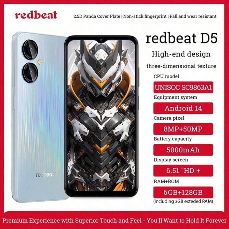 Redbeat D5,International Version Of Smartphone, Android 14,CPU:SC9863A1, 6GB(3GB + 3GB Extended Memory)+ 128GB;6.517", Support Fingerprint Recognition Function,Battery :5000 Mah, Rear Camera :13MP, Front Camera :8MP,Dual Card 4G, 60Hz Refresh Rate.