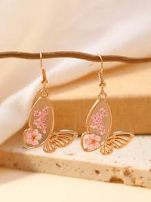 1 Pair Vacation Style Dried Flower, Heart, Cat, Dog, Butterfly, Daisy, Ditsy Floral Earrings In Pink, Yellow, Purple, Blue, Green, Gold Colors For Women, Suitable For Daily Wear