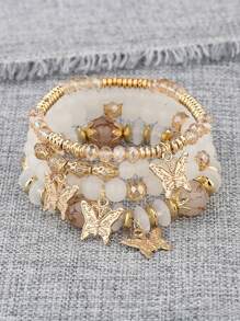 4pcs/Set Bohemian Elegant Delicate Butterfly Charm Beaded Bracelet Set, Suitable For Women's Daily Decoration