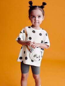 女童可爱熊猫刺绣 T 恤和短裤套装，100% 针织面料，圆领，短袖，略有弹性，儿童休闲夏季服装，户外 - 白色 - 查看 1