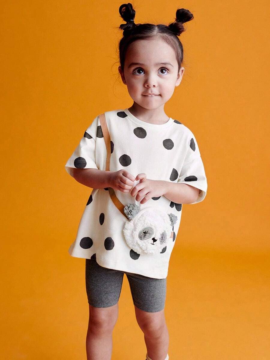 女童可爱熊猫刺绣 T 恤和短裤套装，100% 针织面料，圆领，短袖，略有弹性，儿童休闲夏季服装，户外 - 白色 - 查看 1