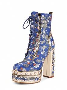 Blue Embroidered Fabric Thick High-Heeled Short Boots, Daily Party Boots - 藍色 - 查看 6