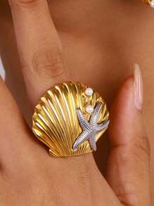 Bague minimaliste avec design d'étoile de mer et coquillage, bague de coquillage de palourde de plage, bague de style ajustable ouverte pour femmes