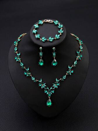 1 pieza Collar + 1 pieza Aretes + 1 pieza Brazalete Conjunto de joyería nupcial de lujo con cadena de garra completa de diamantes, soldadura de rhinestones en collar, aretes y brazalete