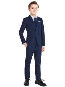 Boys Suits 5-Pieces Suit Set Toddler Tuxedos Dresswear Ring Bearer Outfit Wedding Blazer Vest Pants Shirts Tie Formal Suits For Kids Navy Blue Size 3-8Y