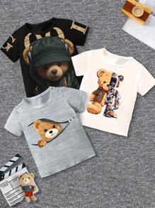 Set di 3 magliette casual a girocollo estive con stampa di orsacchiotti per neonati maschi
