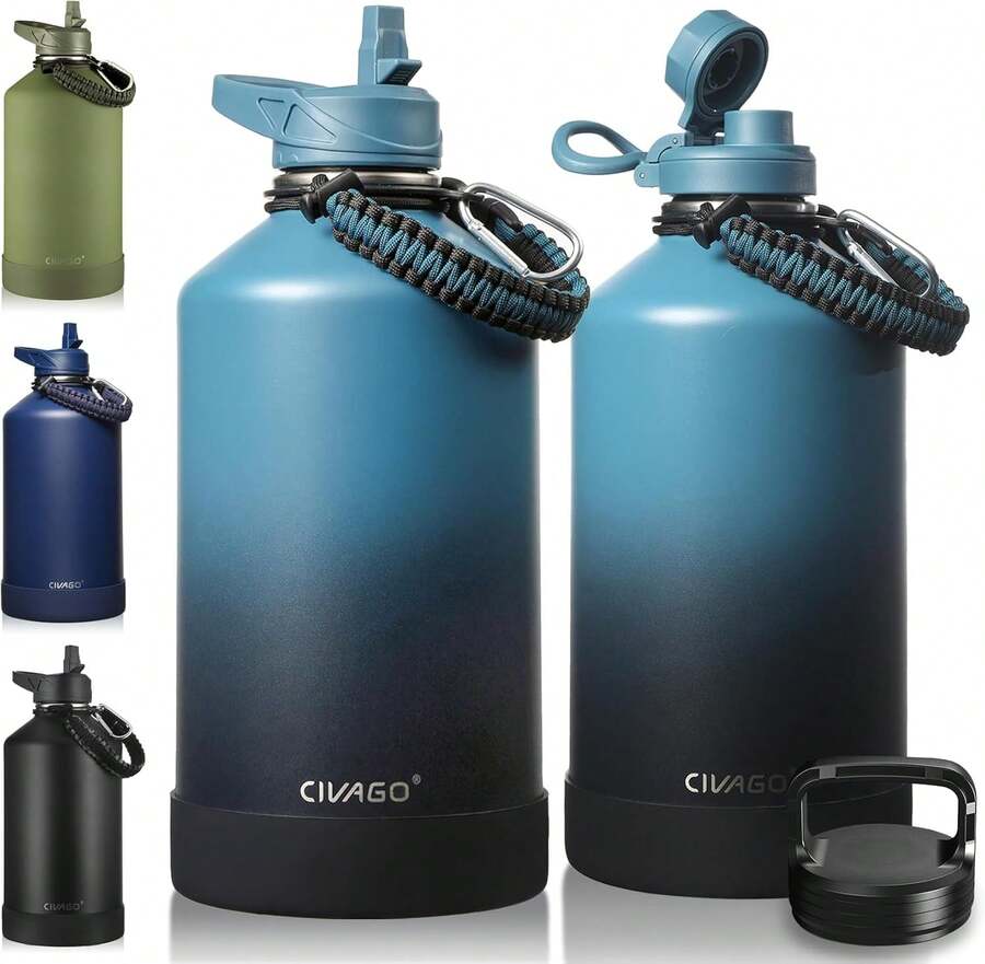 CIVAGO Gallon Insulated Water Bottle Jug With Straw, 128 Oz Large Stainless Steel Water Flask, Big Metal Thermal Mug With 3 Lids For Sports, Travel, Gym, And Camping, Indigo Black - .Chàm đen - Xem 1