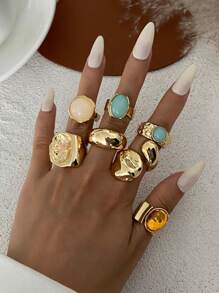 7pcs/Set Geometric Vintage Faux Gemstone Inlaid Asymmetrical Metal Rings Set, Luxurious Everyday Casual Women & Couples Jewelry Rings Gift For Birthday, Holiday