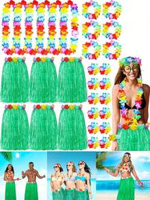 5pcs-Hawaiian Grass Skirt Lei,Hawaiian Hula Skirt Tropical With Hawaiian Wreath ,Hula Skirt Kit For Hawaii Luau Party - Dancing Hula With Flower, Hawaiian Lei For Tropical Parties, Hawaiian Party Gift Ideas Gift Party Decoration Hula Skirt Hula Dance Show With Wreath Hula Skirt,Party Decorations, Hawaiian Party Supplies Tropical Beach Party, Creative Gifts & Home Decor. - Green - View 1