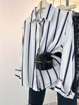 女式条纹长袖单排扣休闲宽松衬衫