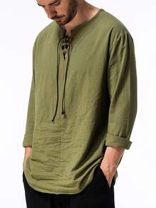 Spring And Autumn New Henry Shirt Men's Casual Solid Color Long Sleeve Shirt Cotton And Linen Collar Shirt - Army Green - View 5