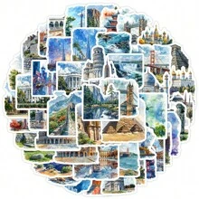 50 piezas Nuevas calcomanías de la serie de arquitectura en acuarela, calcomanías estéticas de vinilo para manualidades, diario, parachoques, monopatín, botella de agua, dibujos animados, casco de , automóvil y talla grande