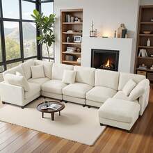 7-Seater Corduroy Modular Sectional Sofa, L-Shaped Couch, U-Shaped Sectional Sofa With Footrest, 4-Pack Shipping, Living Room Furniture, Beige - trắng - Xem 1