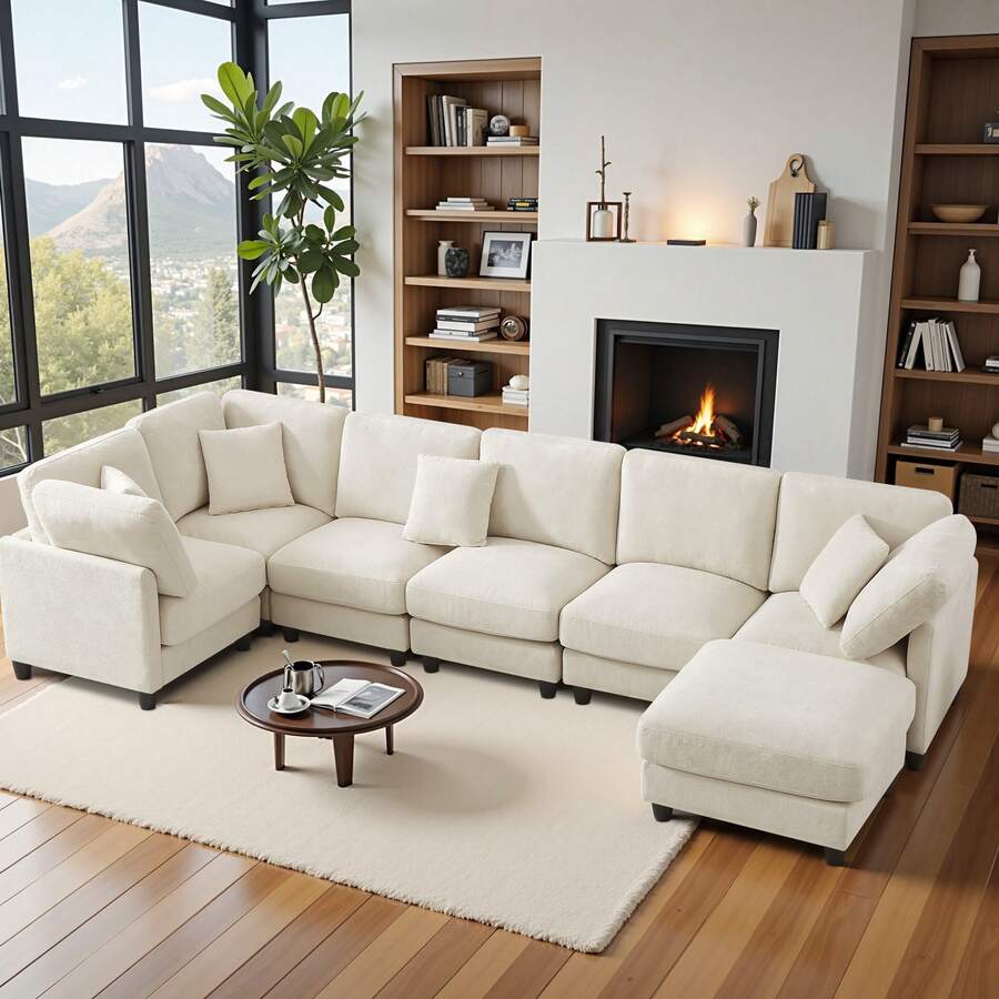 7-Seater Corduroy Modular Sectional Sofa, L-Shaped Couch, U-Shaped Sectional Sofa With Footrest, 4-Pack Shipping, Living Room Furniture, Beige - trắng - Xem 1