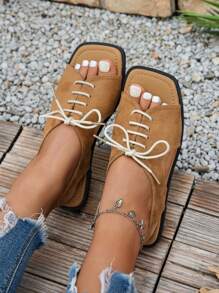 Damen Braune Peep Zehen Ballerinas, Nischendesign, Retro modische dünne Riemchen Schnürsandalen
