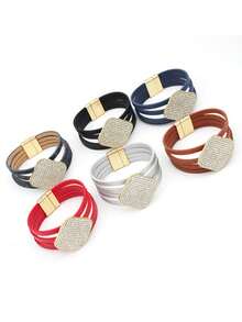 朋克风格宽边 PU 皮革超大水晶方形袖口手链女士 - 黑色 - 查看 1