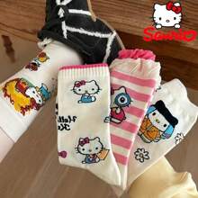 Sanrio 1Pair Sanrio For Hello Kitty & Friends Women'S Kawaii Cat Crew Socks - Cute Cartoon Designs, Breathable Polyester, Perfect For Work & Casual Wear, Available In Multiple Colors, Cute Socks