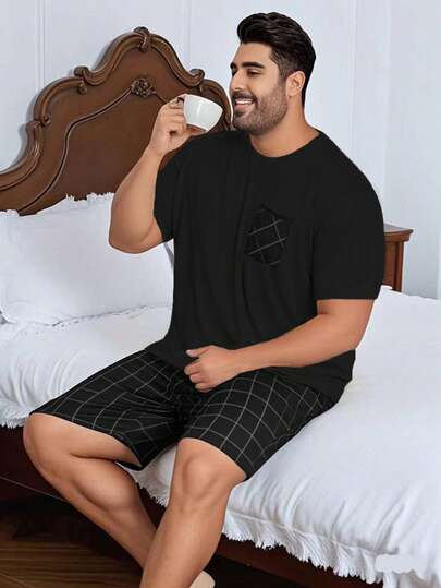 2pcs/Set Men's Plus Size Casual Loose Plaid Short Sleeve T-Shirt And Shorts Pajama Set, Spring/Summer