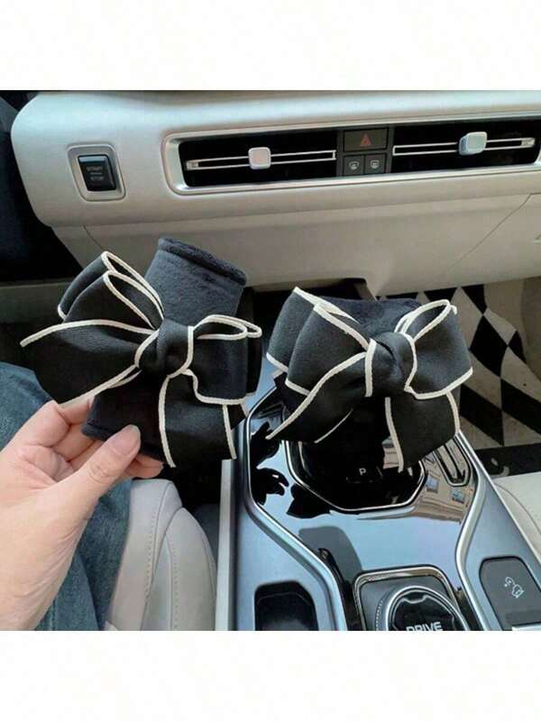 1pc Cute Bow Decoration Short Velvet Car Shift Cover And Handbrake Cover, Gloves, Exquisite Decoration Of Car Interior