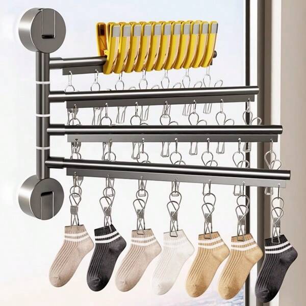 14/21/28/35 Clip Folding Clothes Rack With Rotatable Hooks - Made Of Space Aluminum+ABS - Space Saving Hanging Storage Rack, Suitable For Towels, Bras, Children's Clothes And Gloves, Plastic, Black, Laundry Room Accessories | Space Saving Rack | Sturdy Structure, Clothes Rack
