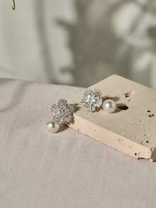 1 đôi bông tai thả đính đá Cubic Zirconia giả ngọc trai thanh lịch dành cho nữ dùng làm quà tặng tiệc Giáng sinh mùa đông - Bạc - Xem 1