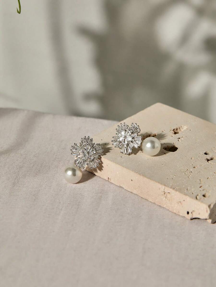 1 đôi bông tai thả đính đá Cubic Zirconia giả ngọc trai thanh lịch dành cho nữ dùng làm quà tặng tiệc Giáng sinh mùa đông - Bạc - Xem 1