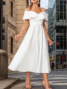 Neue Sommer Damen Weiße Kleider Klassisch Elegant Elegantes Off-Shoulder Plissee Abendkleid für Mode Einfarbig Schlankheits Weiß Abschluss Cocktailkleid Party Kleider für Damen - Weiss - Übersicht 4