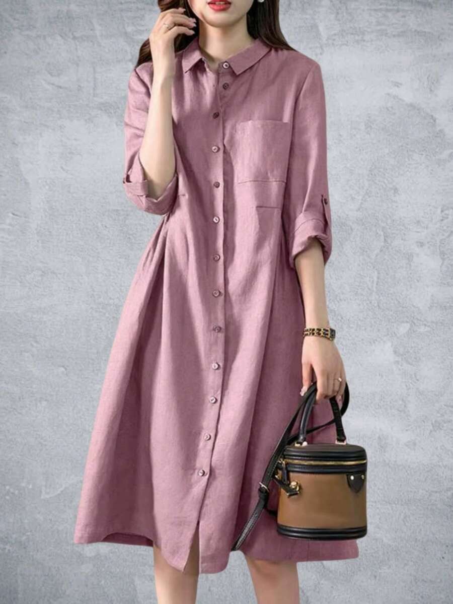 Women Pleating Casual Long Sleeve Shirt Dress Holiday Loose Solid Colour Long Dresses