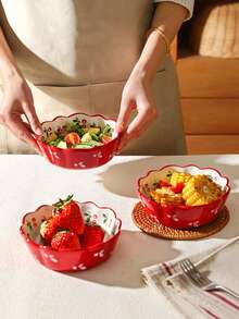 4/2个 6/5.7英寸 红色玫瑰陶瓷碗，草莓沙拉碗，可爱水果搅拌碗，饭碗，甜点碗，适用于家庭厨房、餐厅、聚会、微波炉 - 紅色 - 查看 11