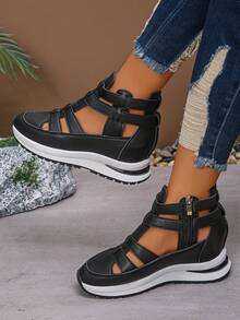 Zapatillas de cuña y plataforma para mujer de otoño/invierno, nuevos zapatos casuales de suela plana y transpirables para damas en verano, sandalias con aumento de altura - Negro - Ver 3