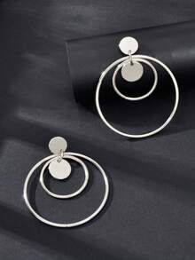 1 Pair Minimalist Silver Disc Pendant Earrings, Suitable For Women To Wear To Parties And Daily - Silver - View 4