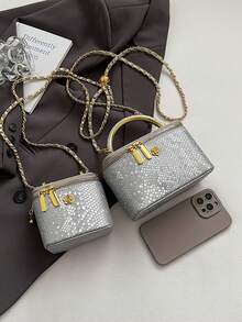 1pc Black Casual Versatile Handheld Square Bag, Fashion Embroidered Lattice Fabric, Suitable For Work Phone Lipstick Coin Storage Small Pouch - Silver - View 10