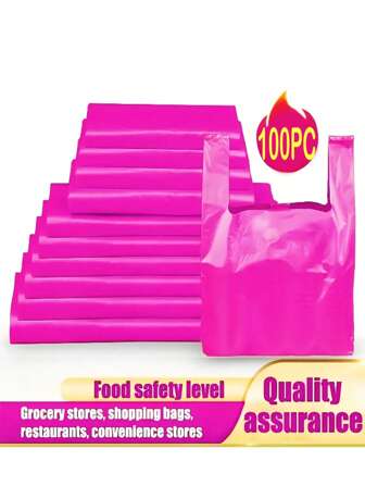 100pcs Pink Plastic T-Shirt Bags - Durable Retail Grocery Shopping Takeout Bags, Suitable For Food Takeout And Fruit Packaging
