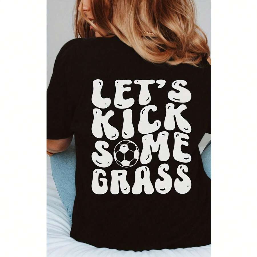 Camisa Drtida De Mamá De Fútbol, Vamos A Patear Aunas Camisas De Fútbol De Hierba, Vida De Mamá, Camisa Drtida, Cita Drtida, Camisa Deportiva, Mujeres Deportistas, Jugador De FútbolWo's 220g Thick Cotton T-Shirt With Butterfly Print Pattern, Suitable For Girls And Wo's Short Sved Round Neck Inspirational Shirt, Cute Aesthetic Y2K Style Summer Top, Suitable For Outdoor, Family, Work Or Street Wear Casual Loose Daily T-Shirt - Black - View 1