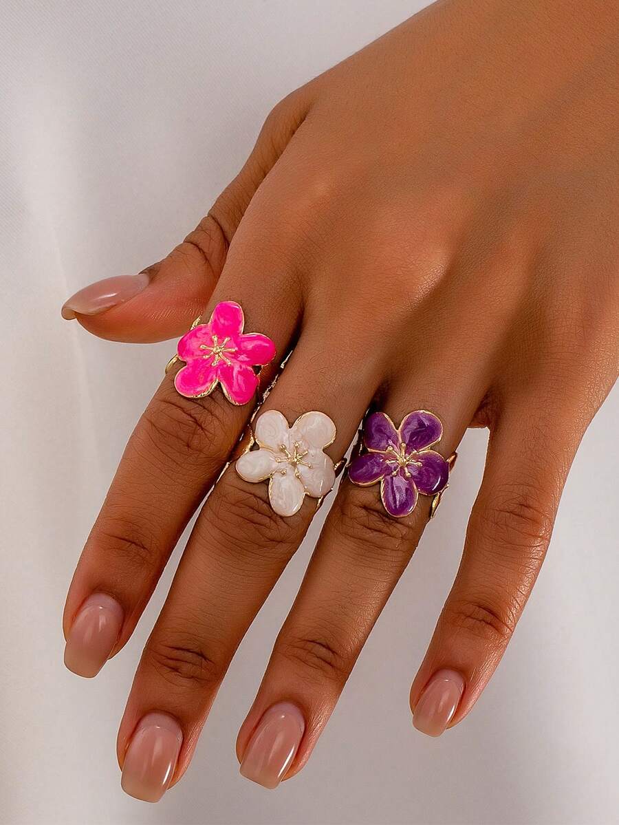 1pc Women's Fashion Elegant Enamel Floral Ring, Suitable For Parties, Gatherings, Evenings, Outings - Available In Magenta/White/Purple - Ring - View 1