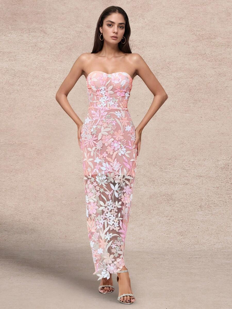 女士优雅串珠双层紧身礼服,适合婚礼宾客 - 粉色 - 查看 1