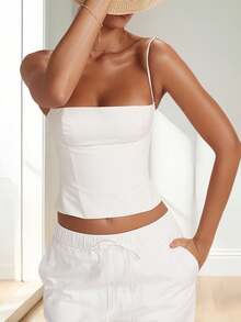 Women's Summer Fitted Cami Tops Y2K Solid Color Sleeveless Backless Vest Cropped Slim Tops Tank Tops Going Out Tops - 米色 - 查看 5