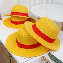 1 PC Boho Red Tapes Yellow Straw Hats,Wide Brim Floppy Foldable Lala Grass Halloween Cosplay Party Anti-Sun Hats - Yellow - View 3