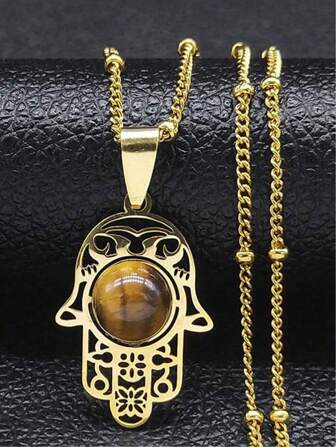 Islam Hamsa Hand Tiger's Eye Stone Necklaces Stainless Steel Women/Men Turkey Evil Eyes Necklace