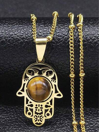 Islam Hamsa Hand Tiger's Eye Stone Necklaces Stainless Steel Women/Men Turkey Evil Eyes Necklace