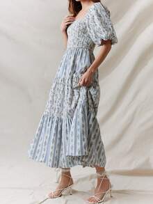 Women's Boho Floral Print Summer Dresses Square Neck Puff Sleeve A Line Long Dress Smocked Casual Maxi Dress Y2K Ruffle Tiered Beach Dresses - Màu xanh lam - Xem 4