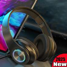 Wireless Headphones With Colorful LED Lights, 2025 New Comfort Foldable Over Ear Headset With Built-In Microphone, SD Card Slot, Active Noise Cancelling, Deep Bass Stereo, Long Standby Time, Gift For Game/Birthday/Valentine's Day/Boy/Girlfriends - 黑色 - 查看 1