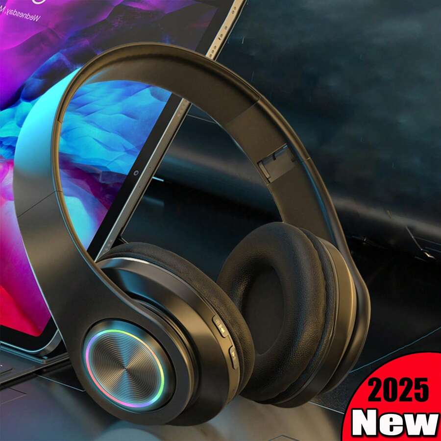 Wireless Headphones With Colorful LED Lights, 2025 New Comfort Foldable Over Ear Headset With Built-In Microphone, SD Card Slot, Active Noise Cancelling, Deep Bass Stereo, Long Standby Time, Gift For Game/Birthday/Valentine's Day/Boy/Girlfriends - 黑色 - 查看 1