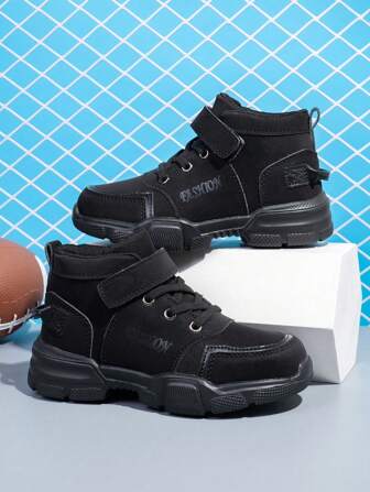 Boys' New Versatile Leather Breathable Mid-Top Sneakers, School Campus Non-Slip Durable Hook And Loop Sports Shoes