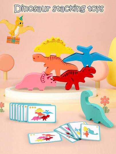 Juguete de dinosaurio de madera para equilibrio y apilado de la primera educación de los niños, rompecabezas interactivo de apilado alto, bloques de construcción, juegos de combinación de imágenes y de reconocimiento de colores, juegos de pensamiento para ejercitar el pensamiento lógico y la coordinación mano-ojo