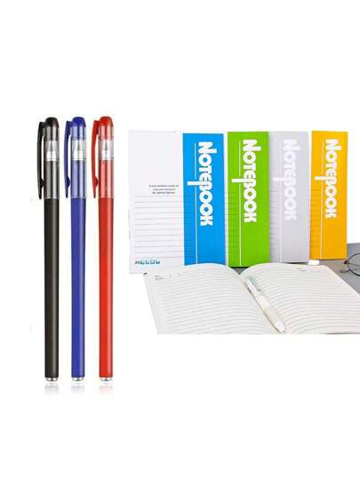 مجموعة 3+4: 3 أقلام بطرف رصاصة 0.5 مم (أسود، أحمر، أزرق) + 4 دفاتر A5 بسيطة (7 قطع إجمالاً). تشمل دفاتر 16 ورقة/32 صفحة سميكة 32K، غلاف ناعم، أقلام كتابة ناعمة 0.5 مم للمكتب والمدرسة والامتحانات والكتابة الإبداعية
