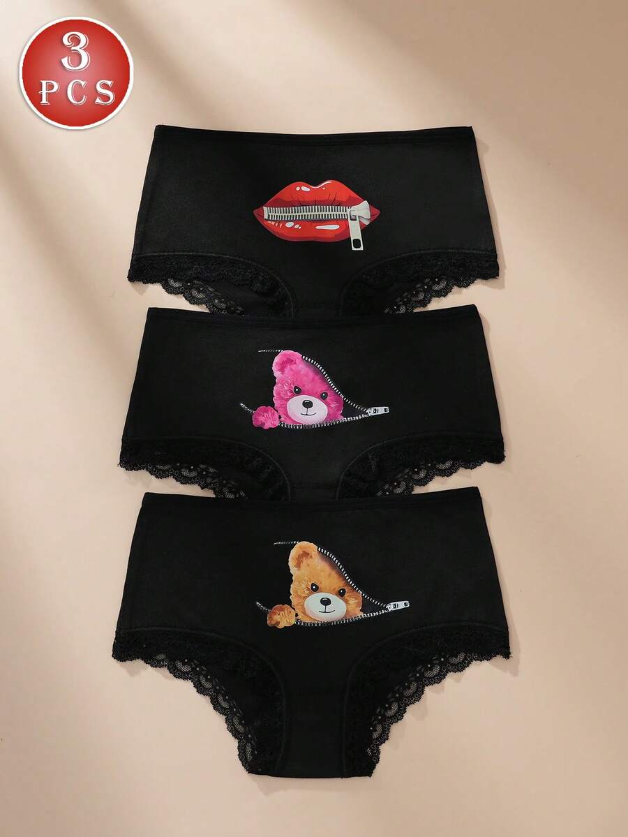 3 Packungen Damen Sexy Spitzen Lippen Muster & Süßer Bär Dekor Bequeme Slips Unterwäsche - Schwarz - Übersicht 1