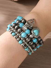 5 pièces Bracelets élastiques de style bohème classique empilables avec perles en forme de cœur en imitation turquoise, tressés à la main, convenant à tous, pour le quotidien et les vacances